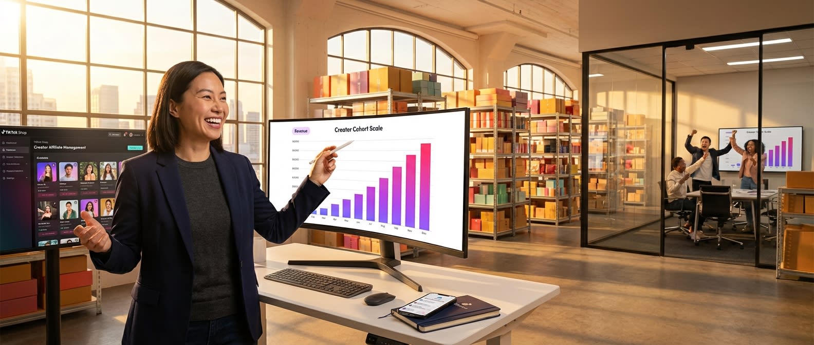 Entrepreneur reviewing TikTok Shop revenue attribution cohort report in a modern sunlit e-commerce office