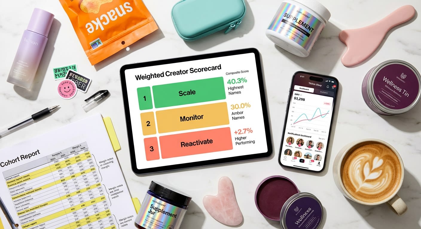 Flat lay of TikTok Shop creator scorecard strategy workspace with tablet analytics phone and colorful product samples