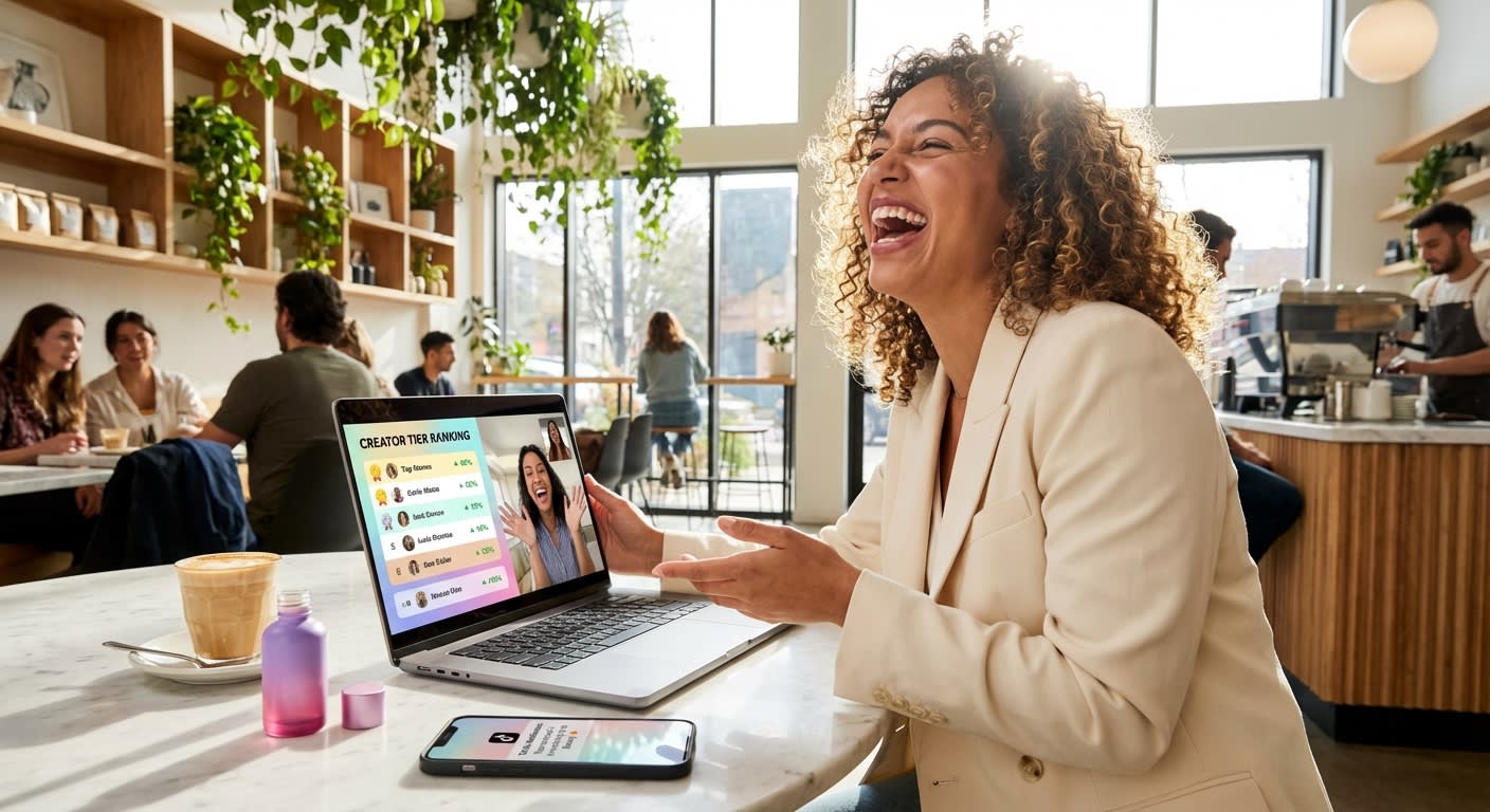 TikTok Shop brand founder on video call with top creator reviewing tiered performance rankings in bright café