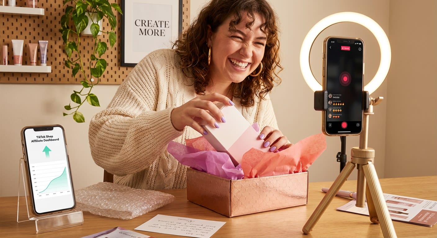 TikTok Shop creator excitedly unboxing a seeded product in her ring-lit content studio with affiliate dashboard visible