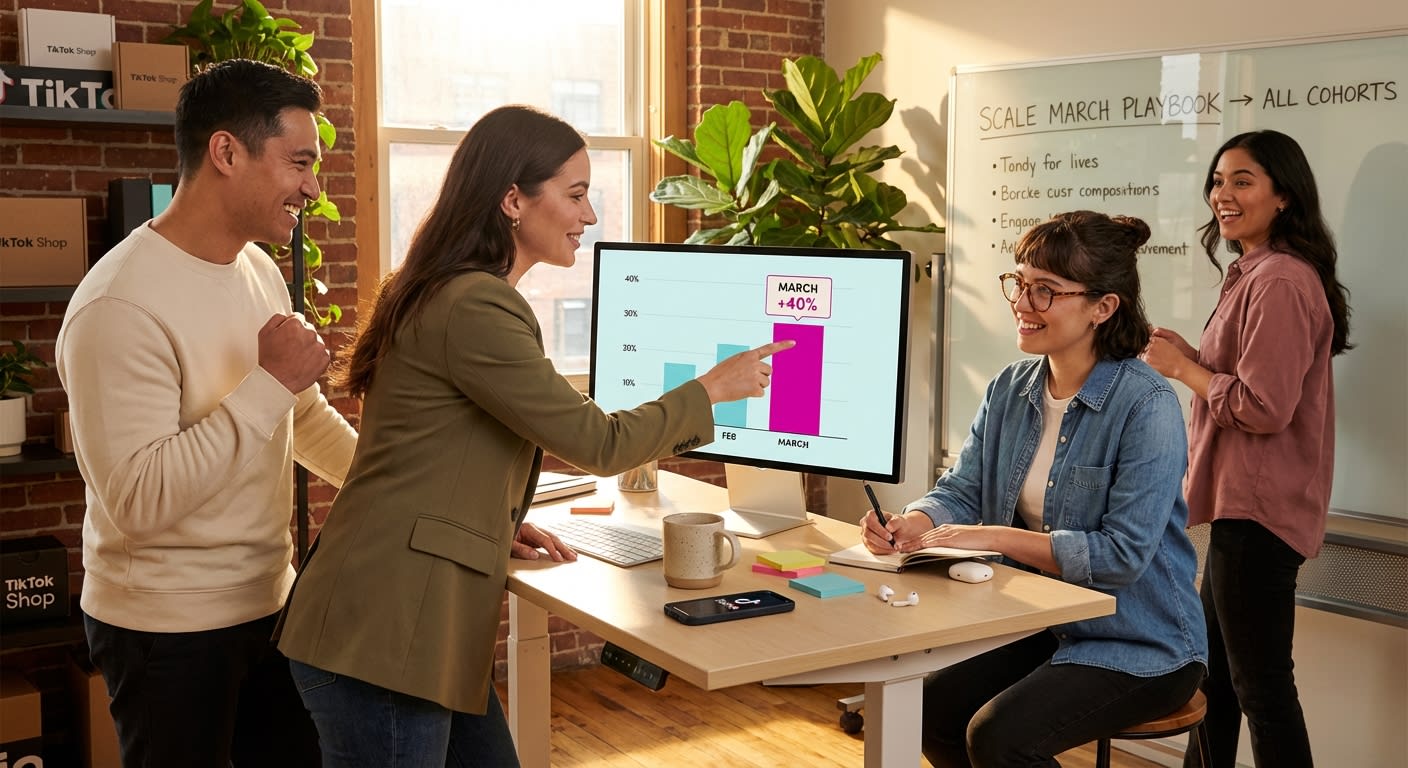 TikTok Shop marketing team celebrating cohort analysis breakthrough showing 40 percent performance increase