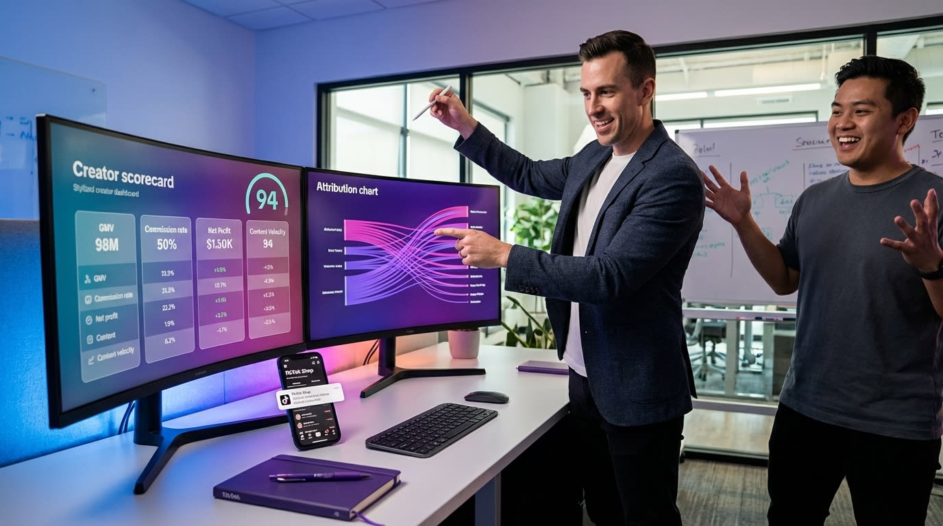 TikTok Shop weighted creator scorecard and revenue attribution dashboard on dual monitors with top performer highlighted