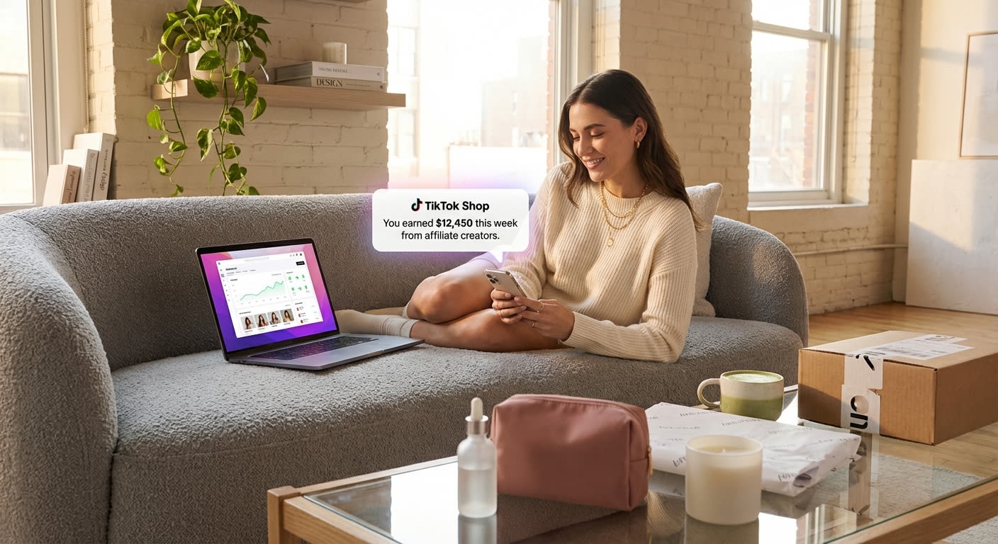 Young entrepreneur smiling at TikTok Shop affiliate earnings notification with creator performance dashboard on laptop