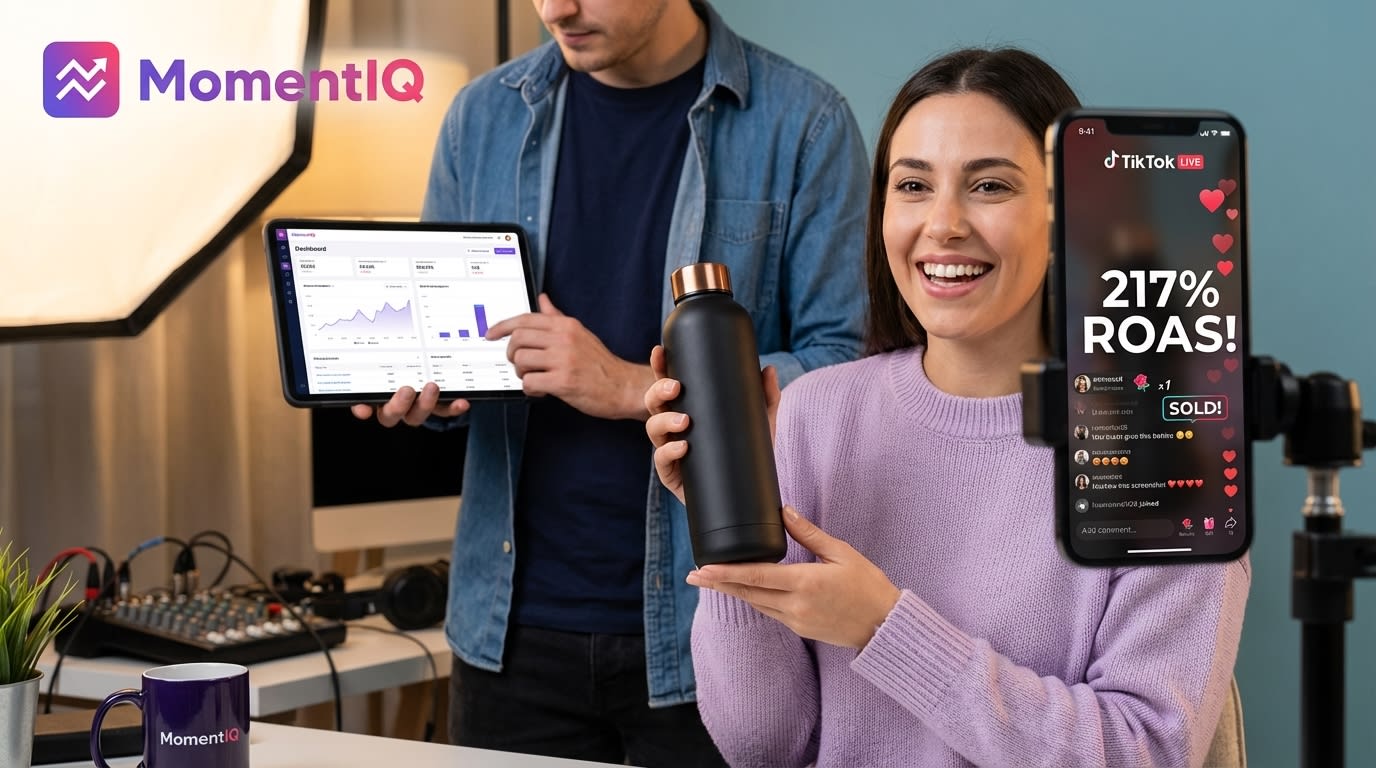 Confident TikTok Shop live shopping host engaging with product and audience.