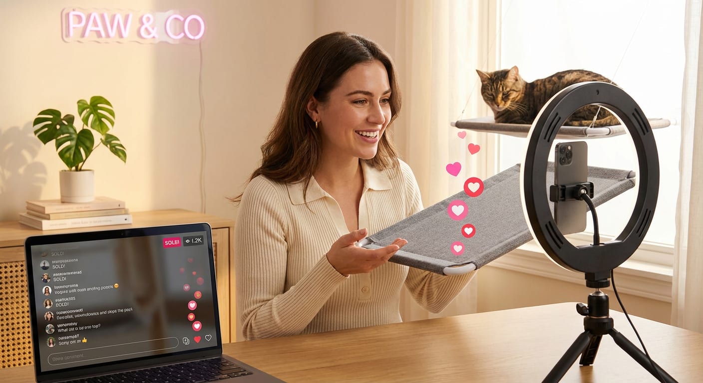 Confident TikTok Shop live shopping host engaging with product and audience.