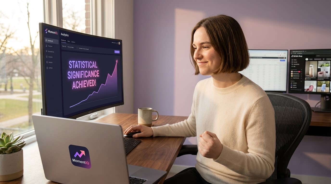Data scientist celebrating achieving statistical significance for a winning TikTok Shop ad.