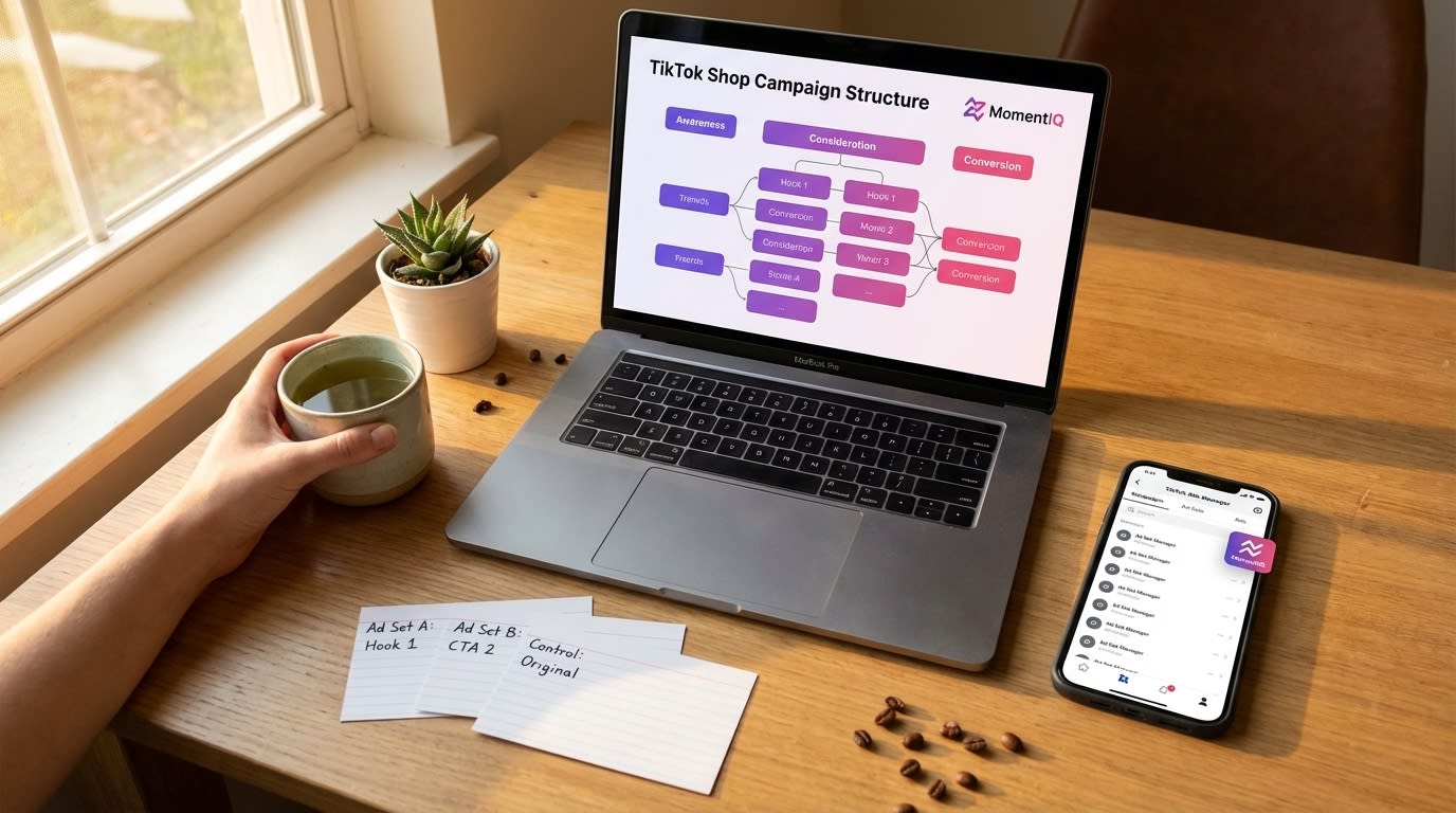 Flat lay of a desk showing optimal TikTok Shop ad campaign structure and organized test elements.
