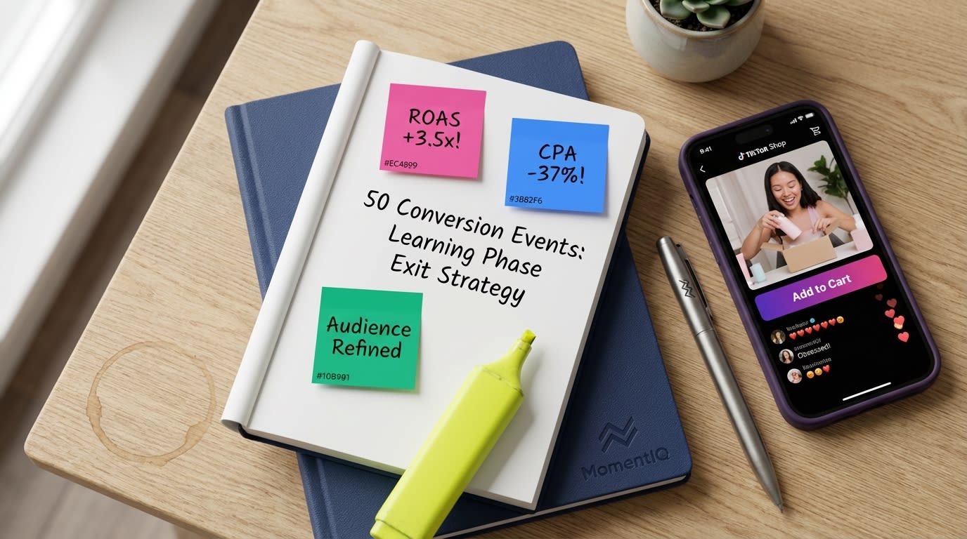 Flat lay of a TikTok Shop strategist's notebook detailing learning phase exit strategy.