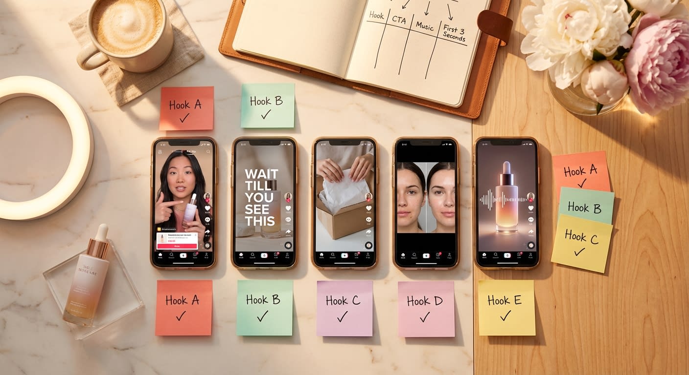 Flat lay of organized TikTok Shop A/B testing workspace with multiple ad variations on phones and testing notes