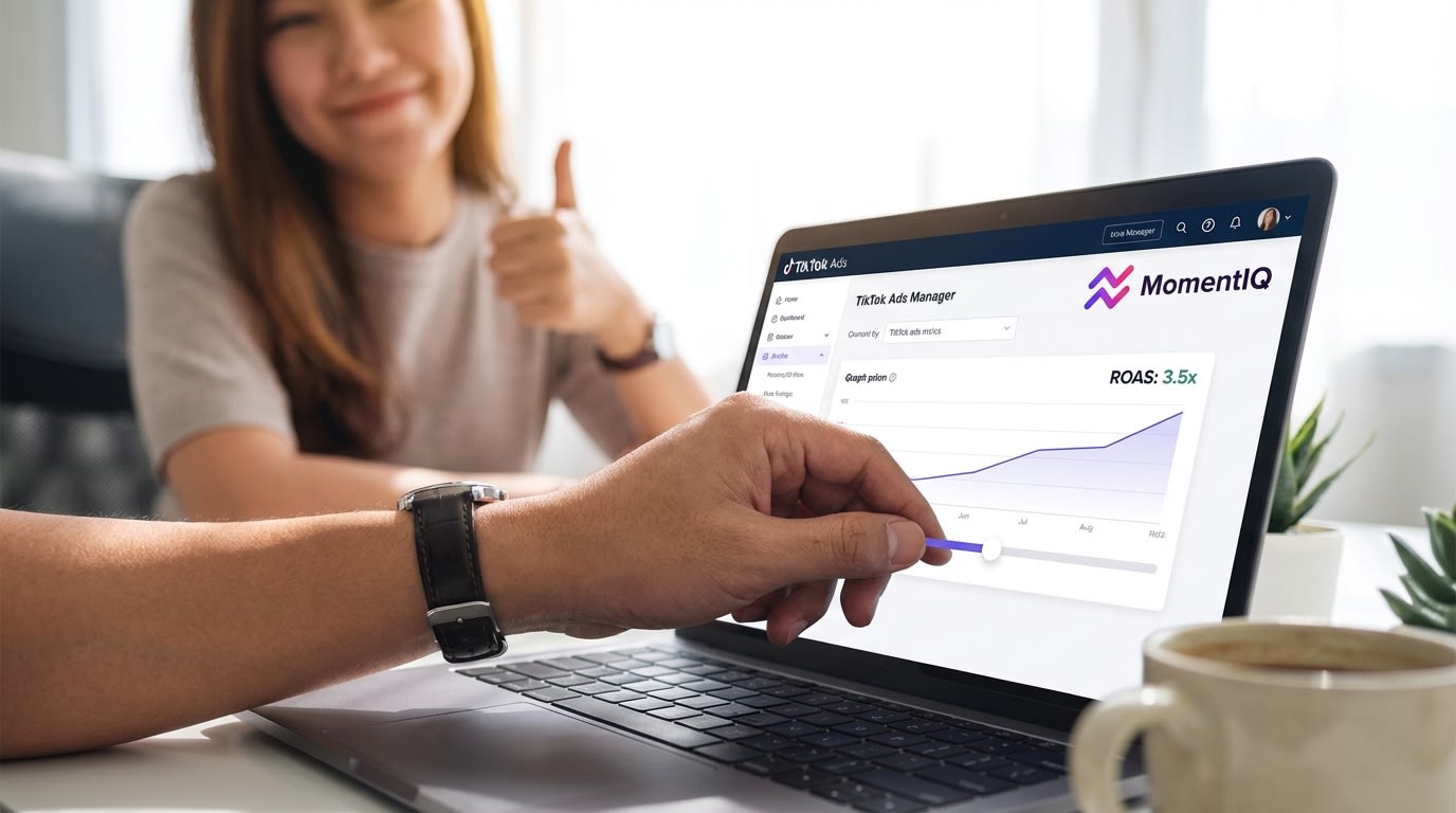 Hand confidently adjusting TikTok Ads Manager bid strategy for maximized conversions.