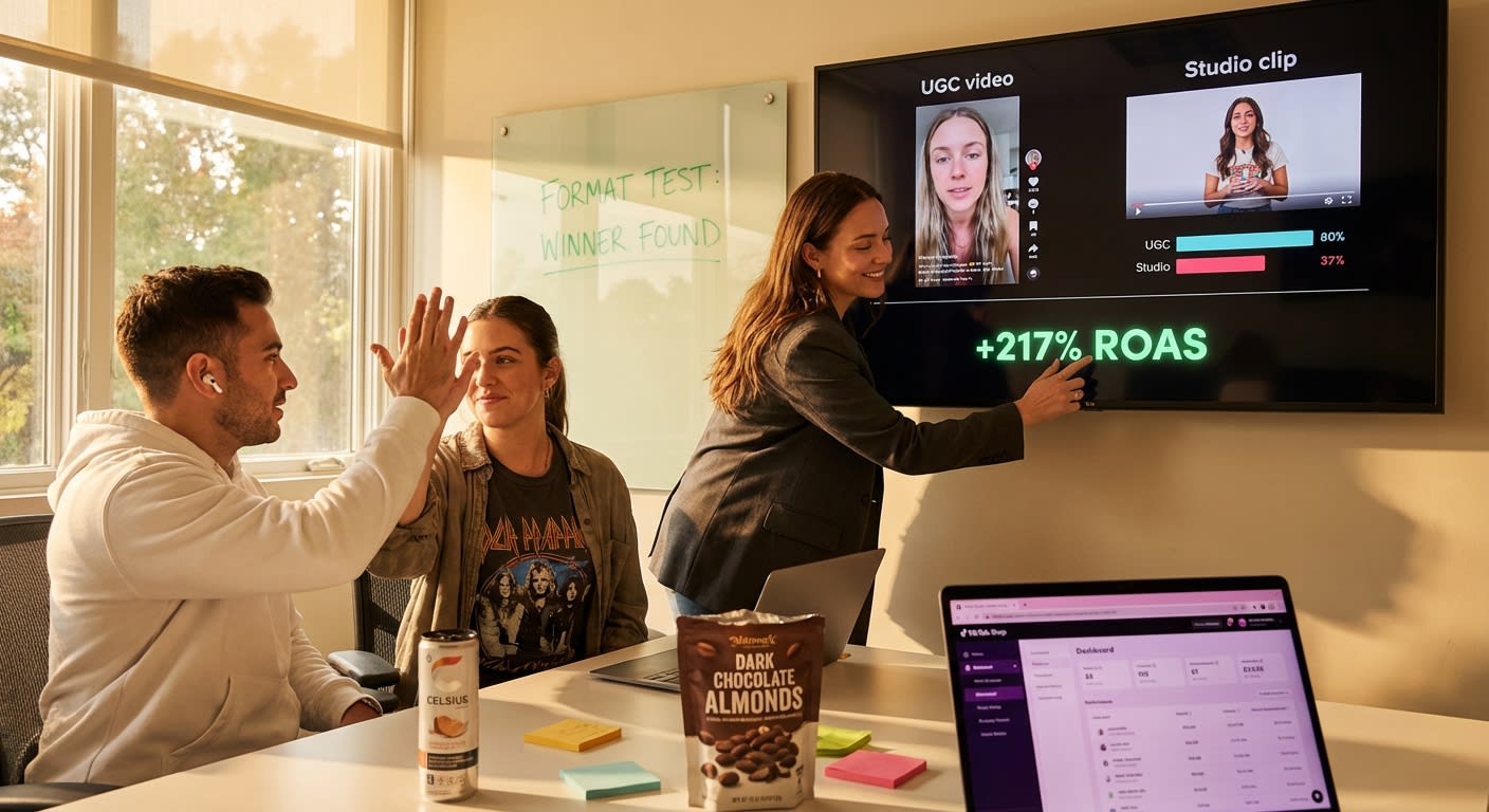 Marketing team celebrating TikTok Shop ad format test results showing 217% ROAS improvement on analytics dashboard