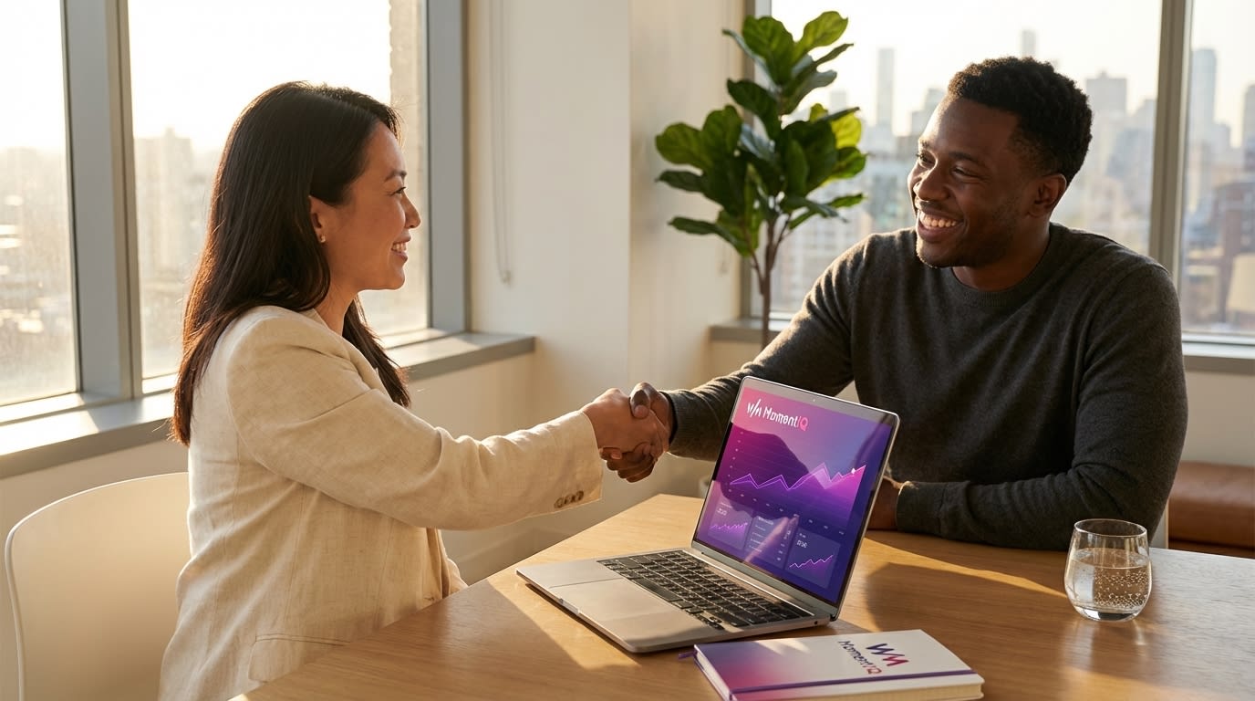 MomentIQ strategist shaking hands with a delighted client over TikTok Shop growth report.