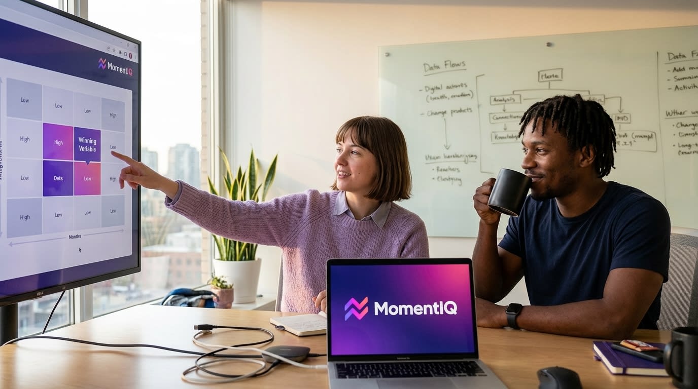 MomentIQ team in a war room, celebrating a clear winning variable from TikTok Shop ad testing.
