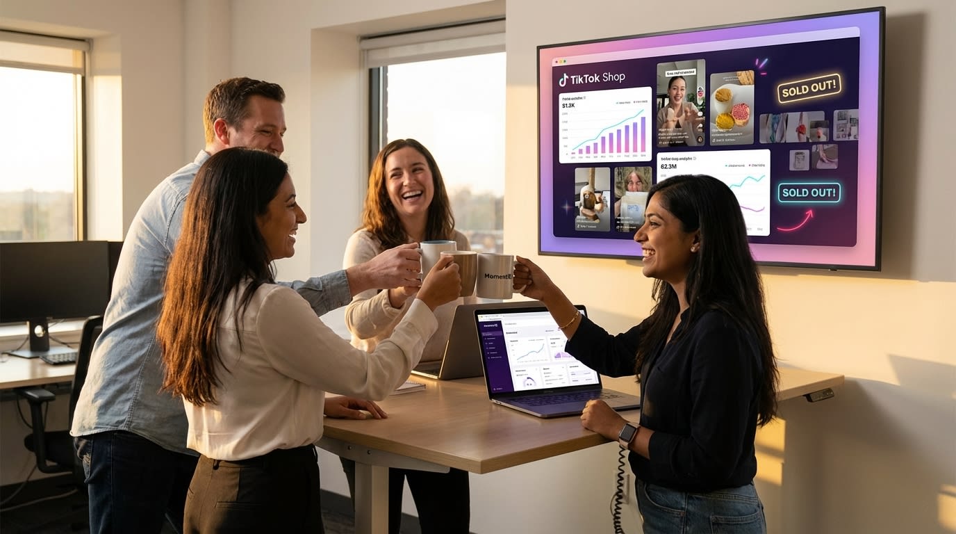 Team celebrating collective TikTok Shop success with a vibrant digital collage of viral videos and sales.