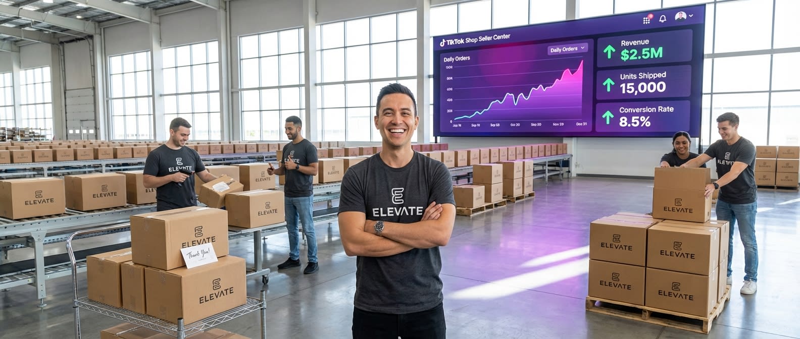 Successful TikTok Shop entrepreneur standing proudly in organized fulfillment warehouse with scaling order dashboard