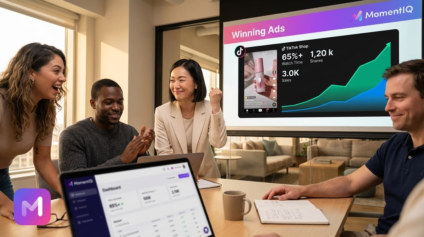 Team celebrating top-performing TikTok Shop ad creatives and skyrocketing sales.