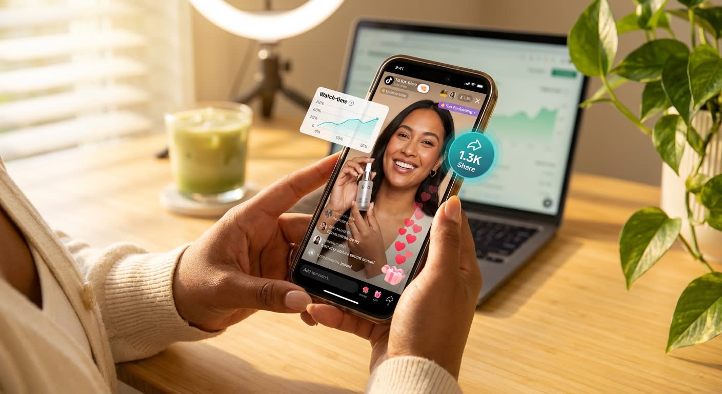 TikTok Shop live stream showing high engagement velocity with heart emojis and rising watch time metrics