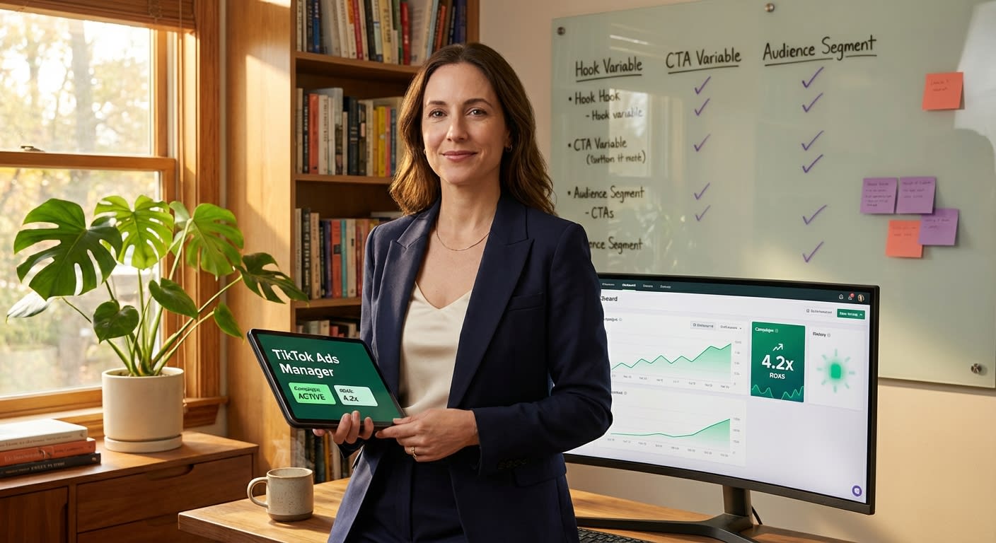 TikTok Shop ad strategist confidently reviewing successful A/B testing dashboard with upward-trending ROAS metrics