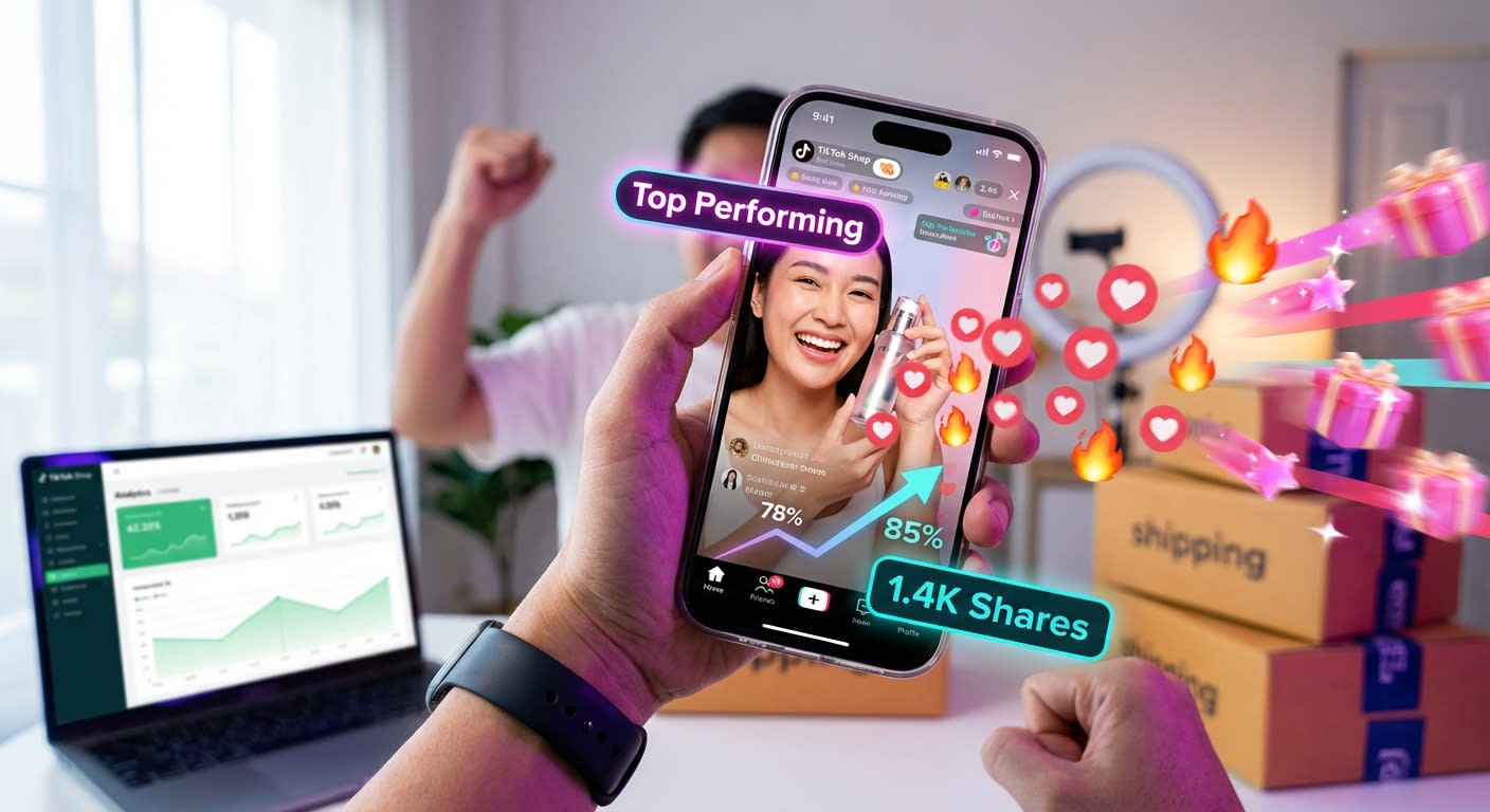 TikTok Shop live stream showing high engagement velocity with heart emojis and rising watch time metrics