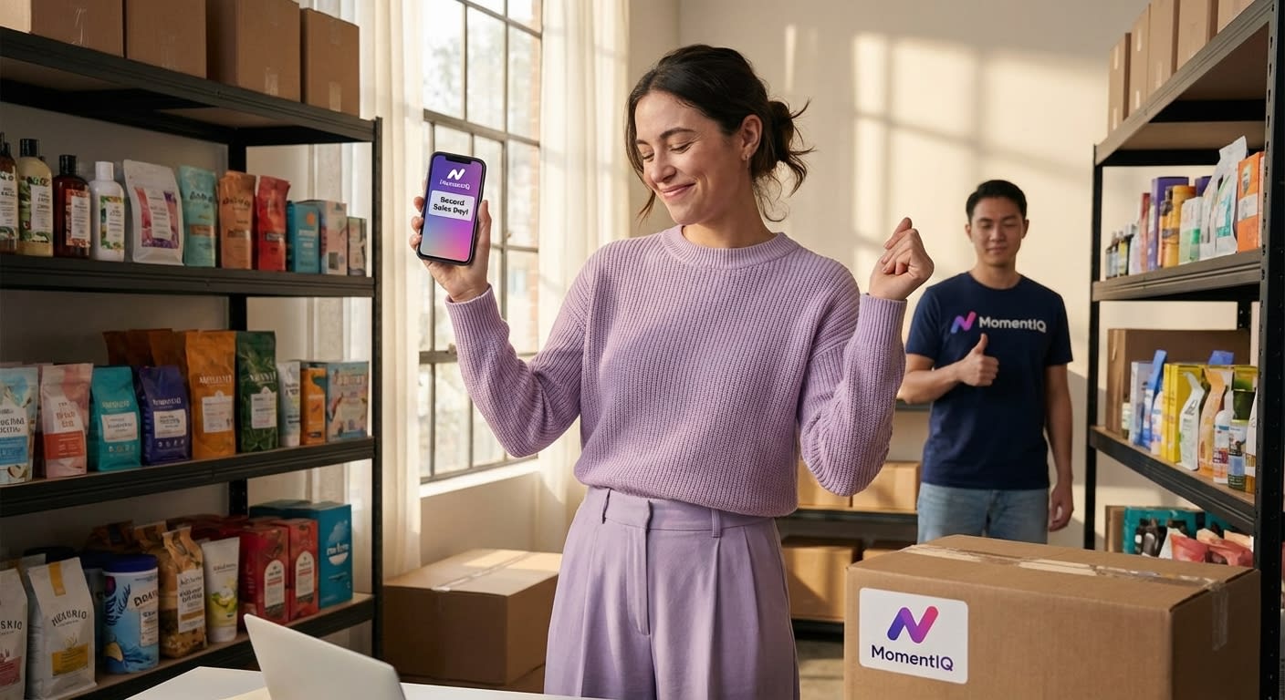 Triumphant entrepreneur celebrating record sales day in a well-stocked TikTok Shop warehouse.