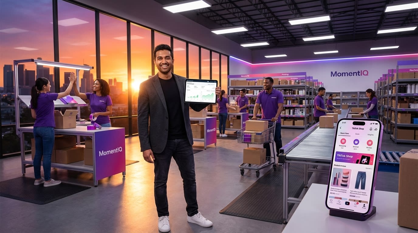 Aspirational brand founder overlooking thriving TikTok Shop fulfillment center with 50-plus product storefront