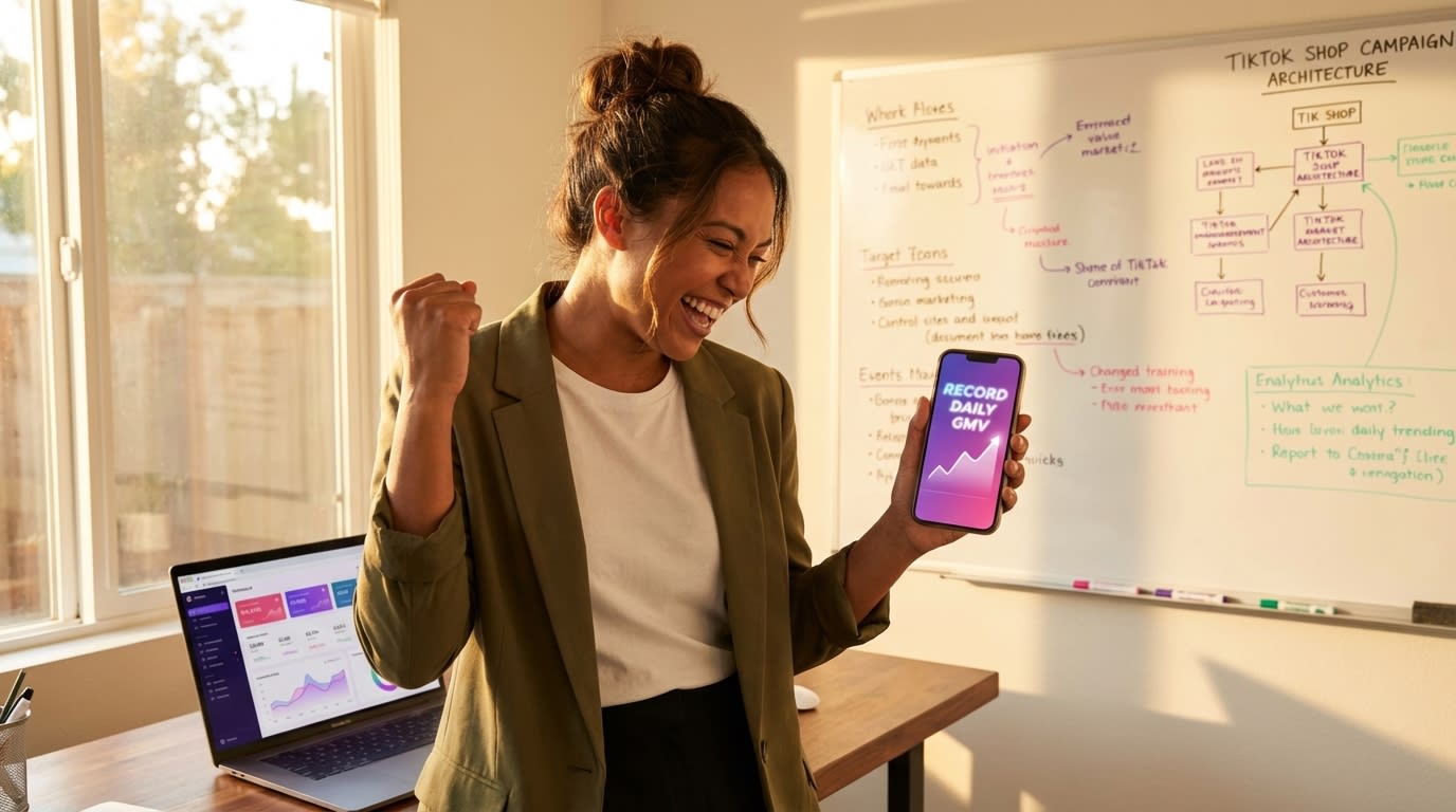 Brand owner celebrating record TikTok Shop daily GMV with campaign architecture whiteboard behind her