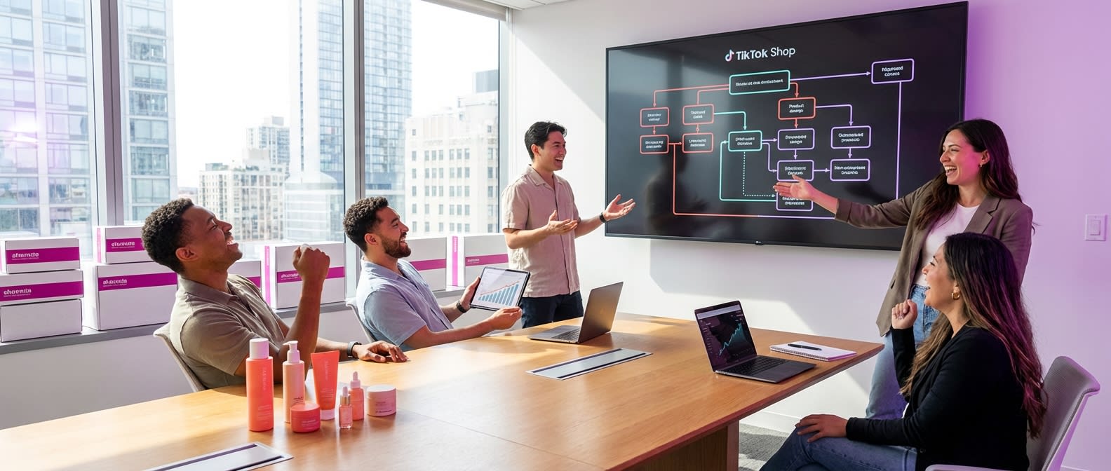Brand team planning TikTok Shop multi-product campaign architecture with organized product clusters and strategy dashboard