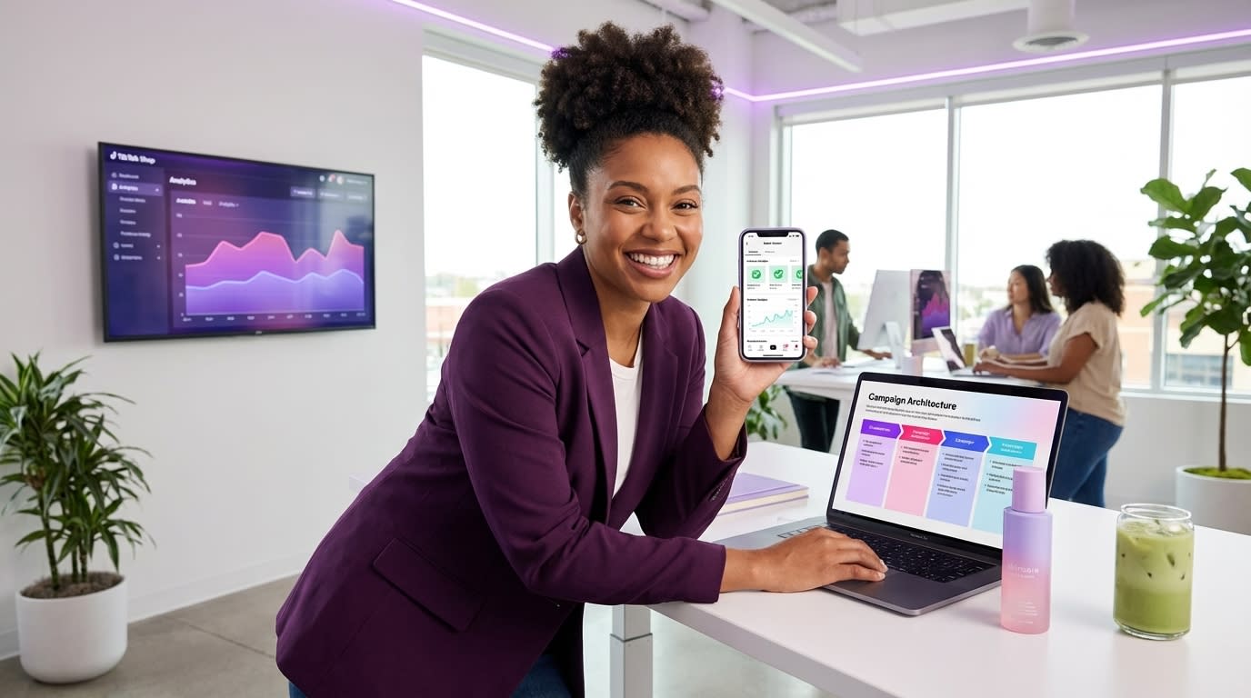 Confident brand founder reviewing TikTok Shop Seller Center with all products performing well