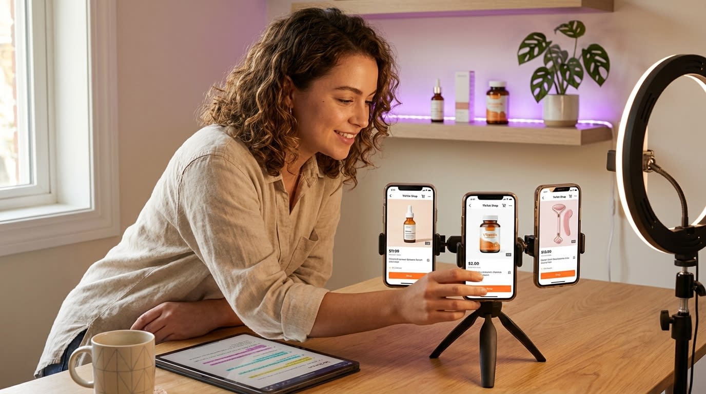 Creator studio setup with multiple phones showing TikTok Shop product pages ready for multi-product haul video