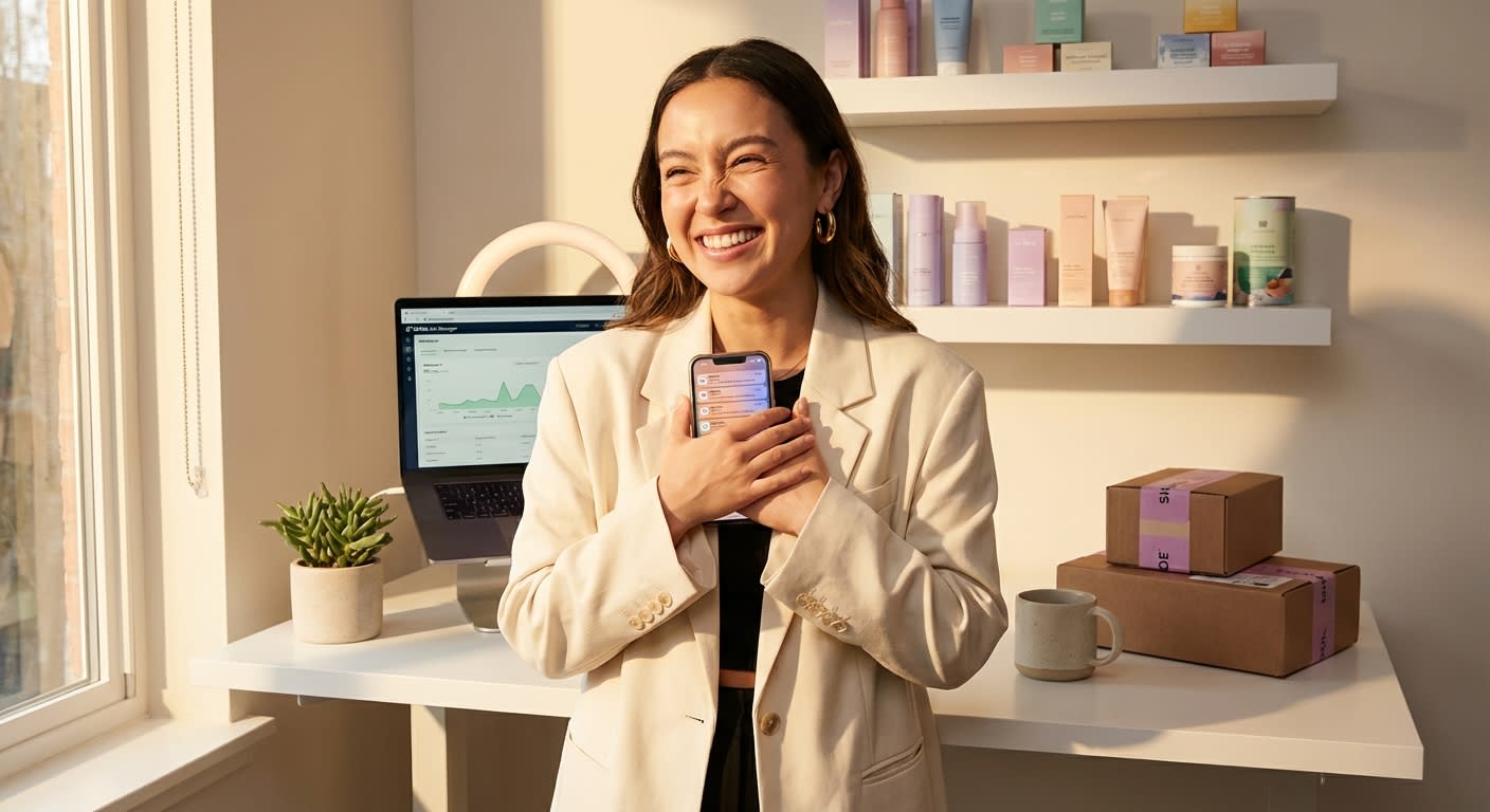 Excited TikTok Shop seller celebrating consistent multi-product sales with phone showing GMV growth notifications