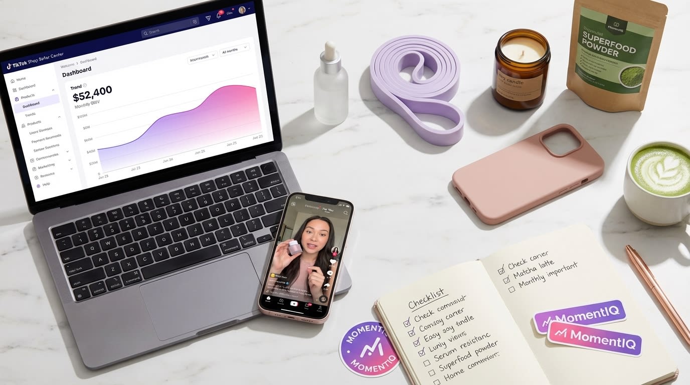 Flat lay of TikTok Shop revenue dashboard showing $50K monthly GMV with multi-product catalog samples