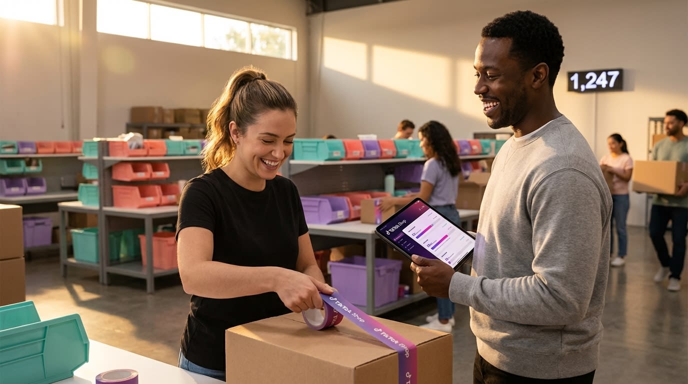 Organized TikTok Shop warehouse with color-coded product stations and 1247 daily orders shipped counter