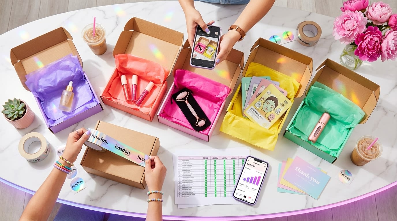 Overhead view of TikTok Shop multi-product seeding packages being prepared with creator outreach list