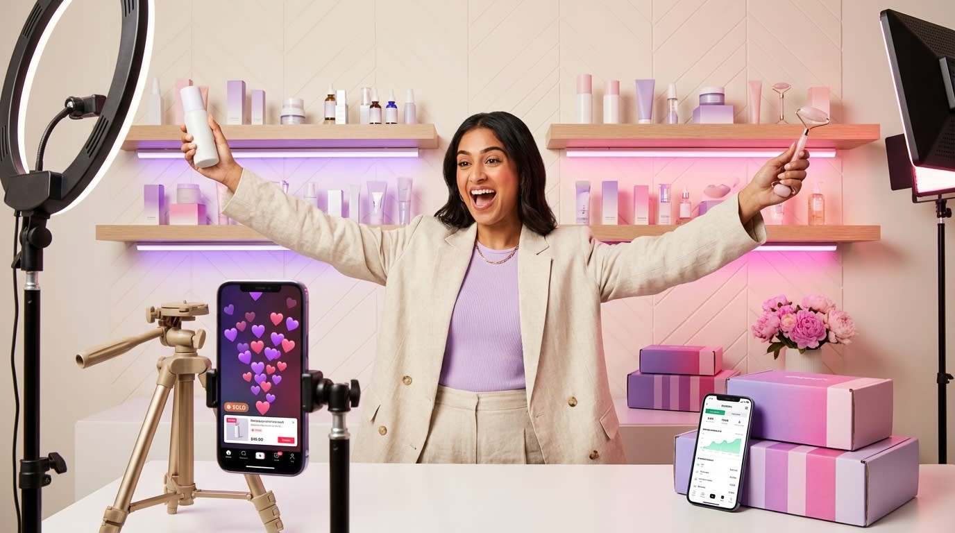 TikTok Shop live host enthusiastically presenting multiple products with heart emojis and SOLD overlays