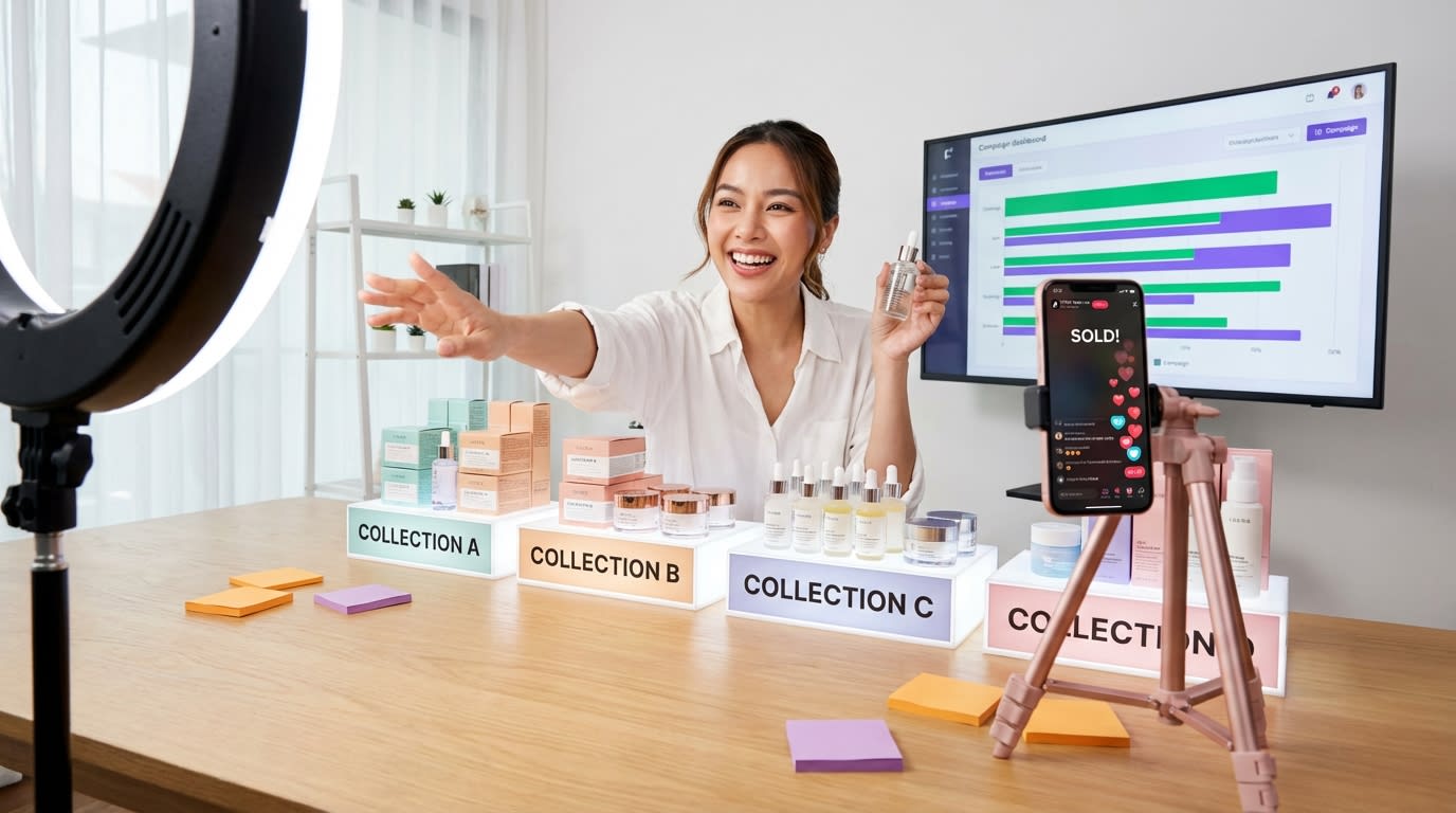 TikTok Shop creator filming multi-product showcase with balanced campaign budget dashboard and live shopping engagement visible