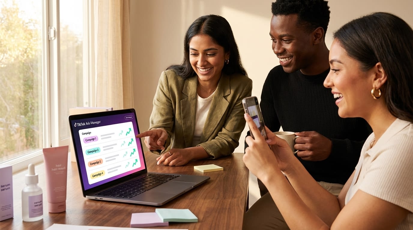 TikTok Shop team collaborating on segmented campaign structure with organized ad account on screen