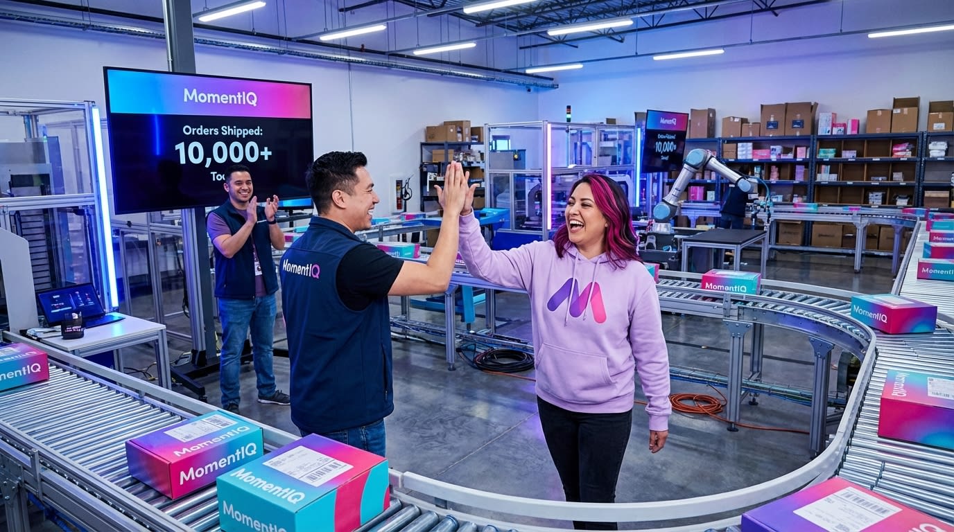 Aspirational view of a high-tech TikTok Shop fulfillment center with automated processes