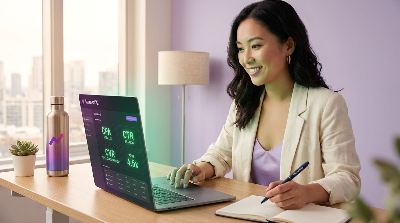 Confident brand strategist reviewing positive TikTok Shop performance metrics on a laptop