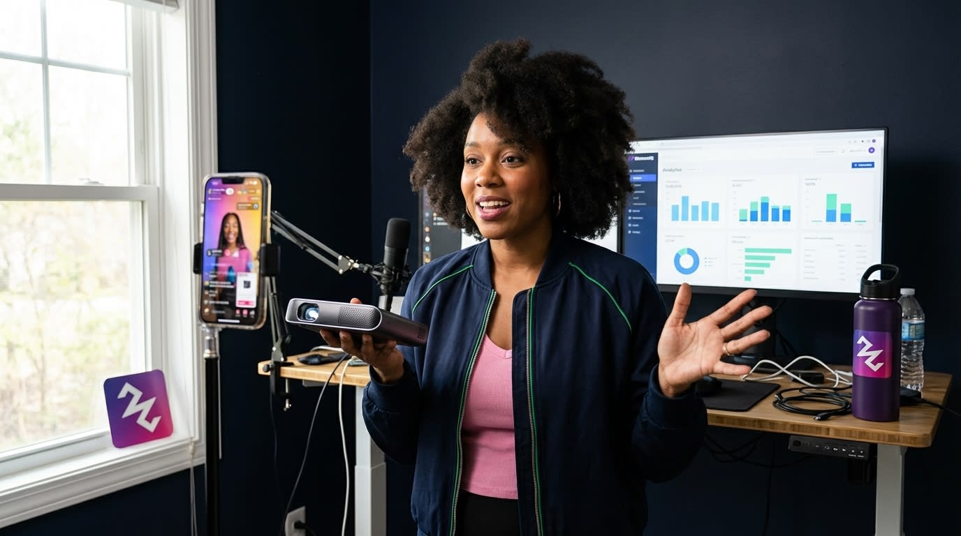 Confident TikTok Shop creator filming an engaging product video in her home studio