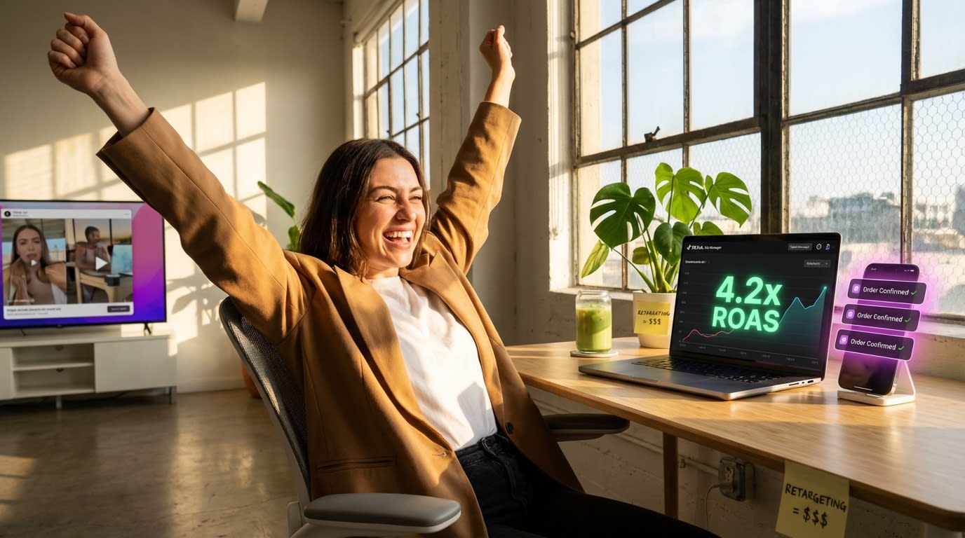 Entrepreneur celebrating high ROAS from TikTok Shop retargeting campaigns on ads manager dashboard