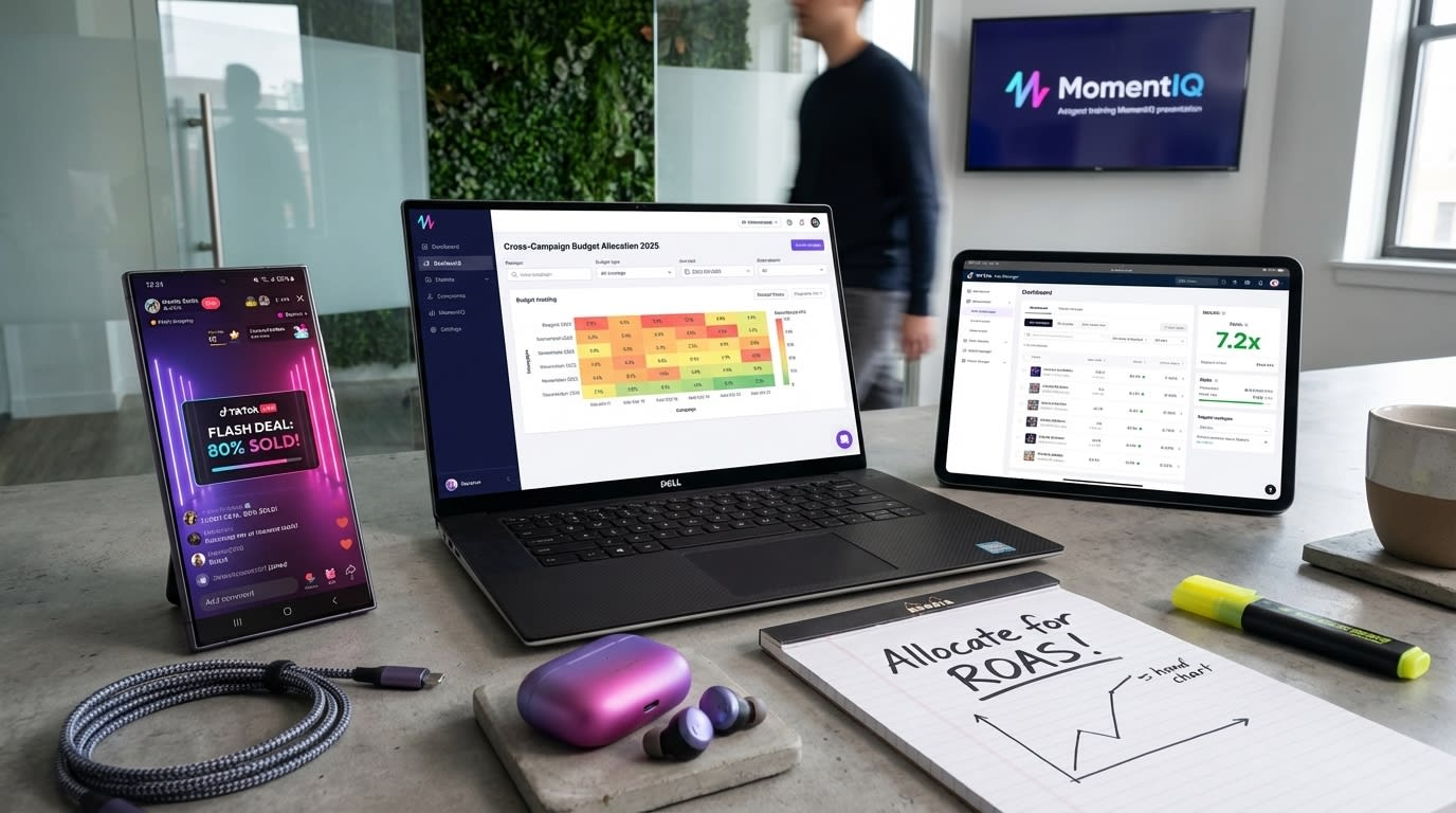 Flat lay of a TikTok Shop growth strategy dashboard and high-converting product listing