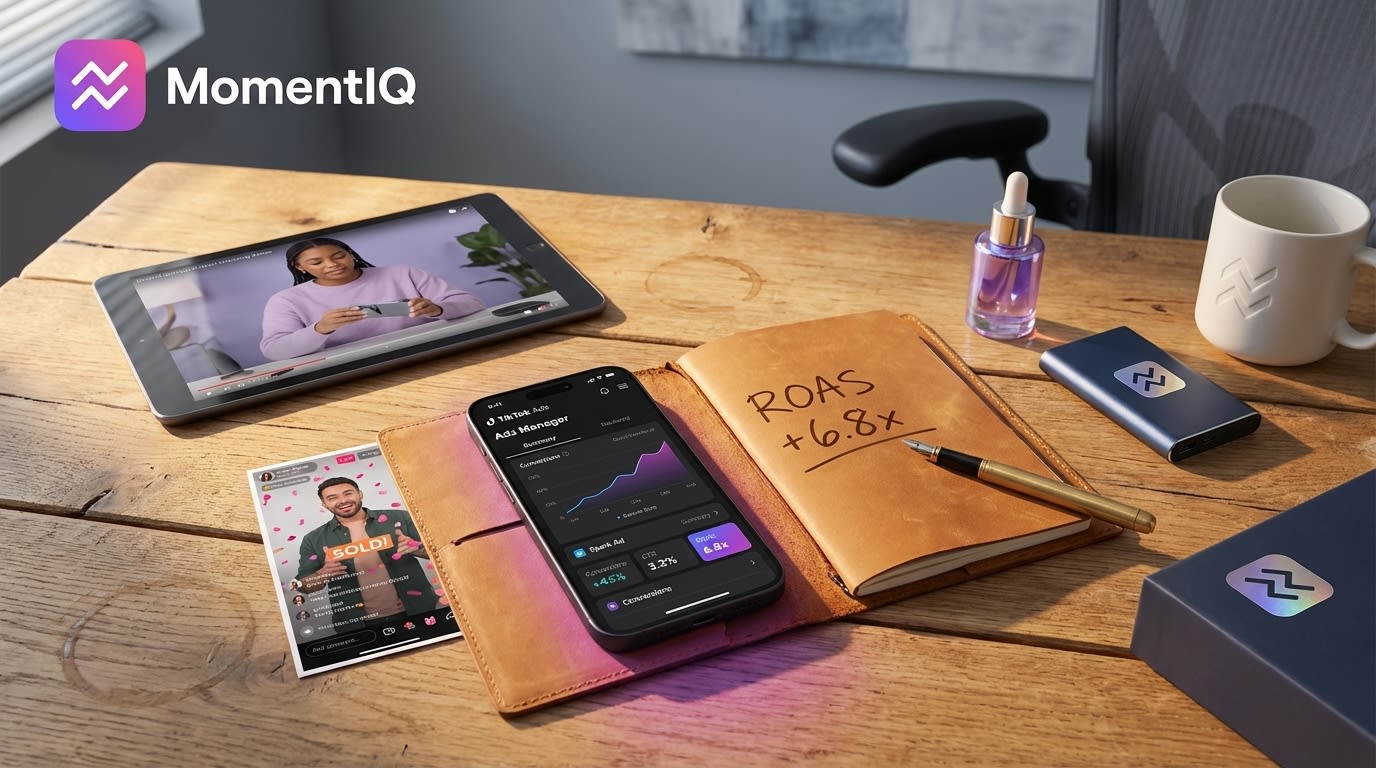 Flat lay of TikTok Shop campaign types including Spark Ads, live stream, and product unboxing with high ROAS