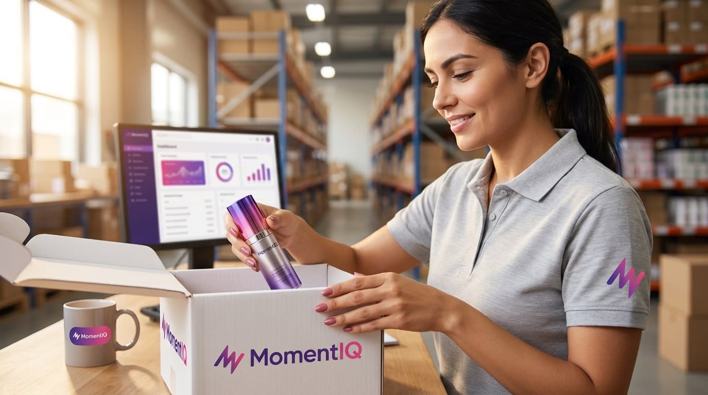 Happy warehouse worker packing a TikTok Shop order in a branded box