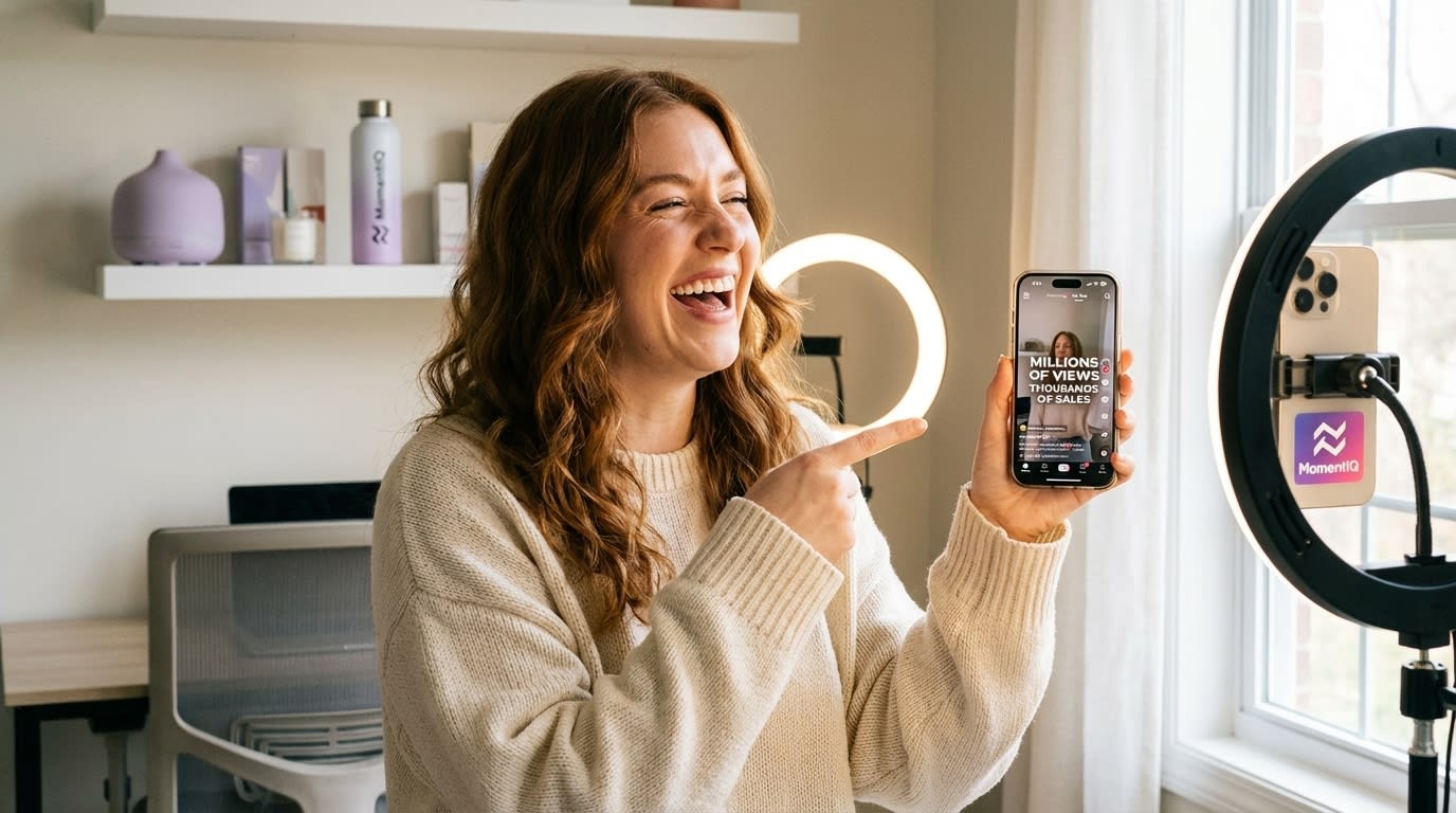 Joyful TikTok Shop creator celebrating a viral video with massive sales