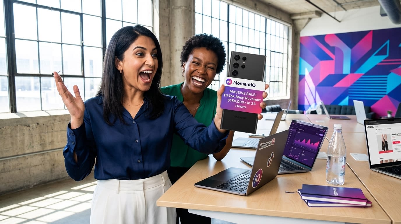 Happy founder showing off a high-value TikTok Shop sale notification to a colleague