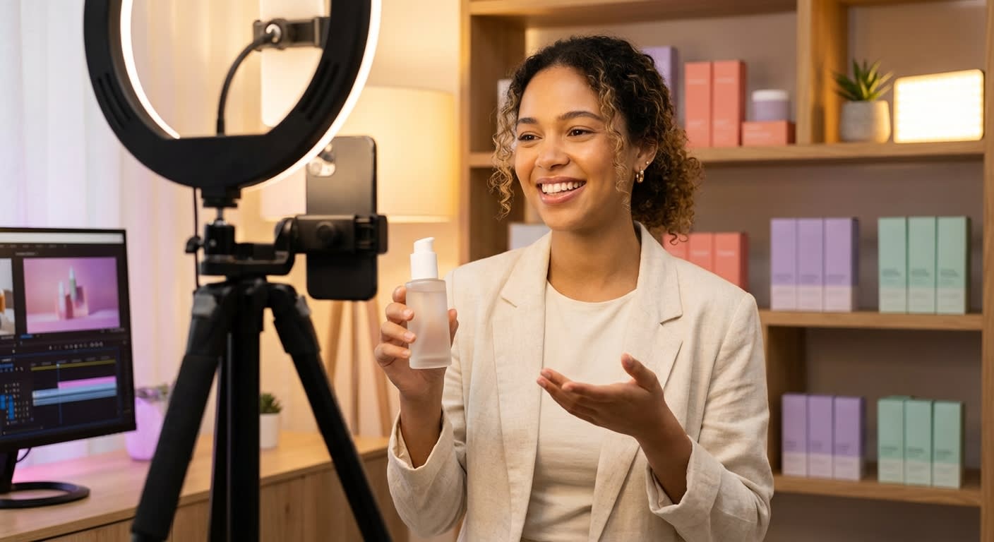 TikTok Shop creator confidently filming product reveal video in professional ring light studio setup