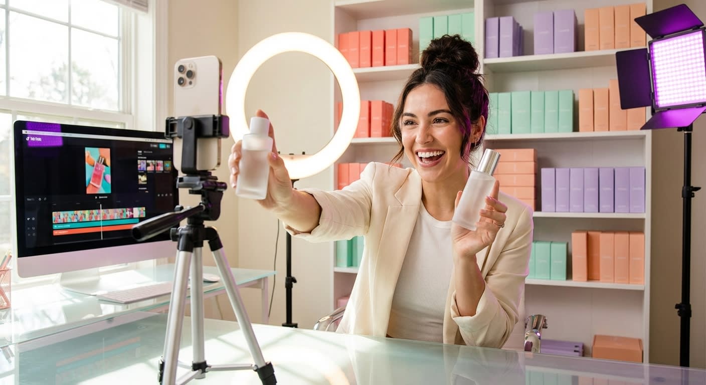 TikTok Shop creator confidently filming product video with pinned social proof comment visible on phone screen