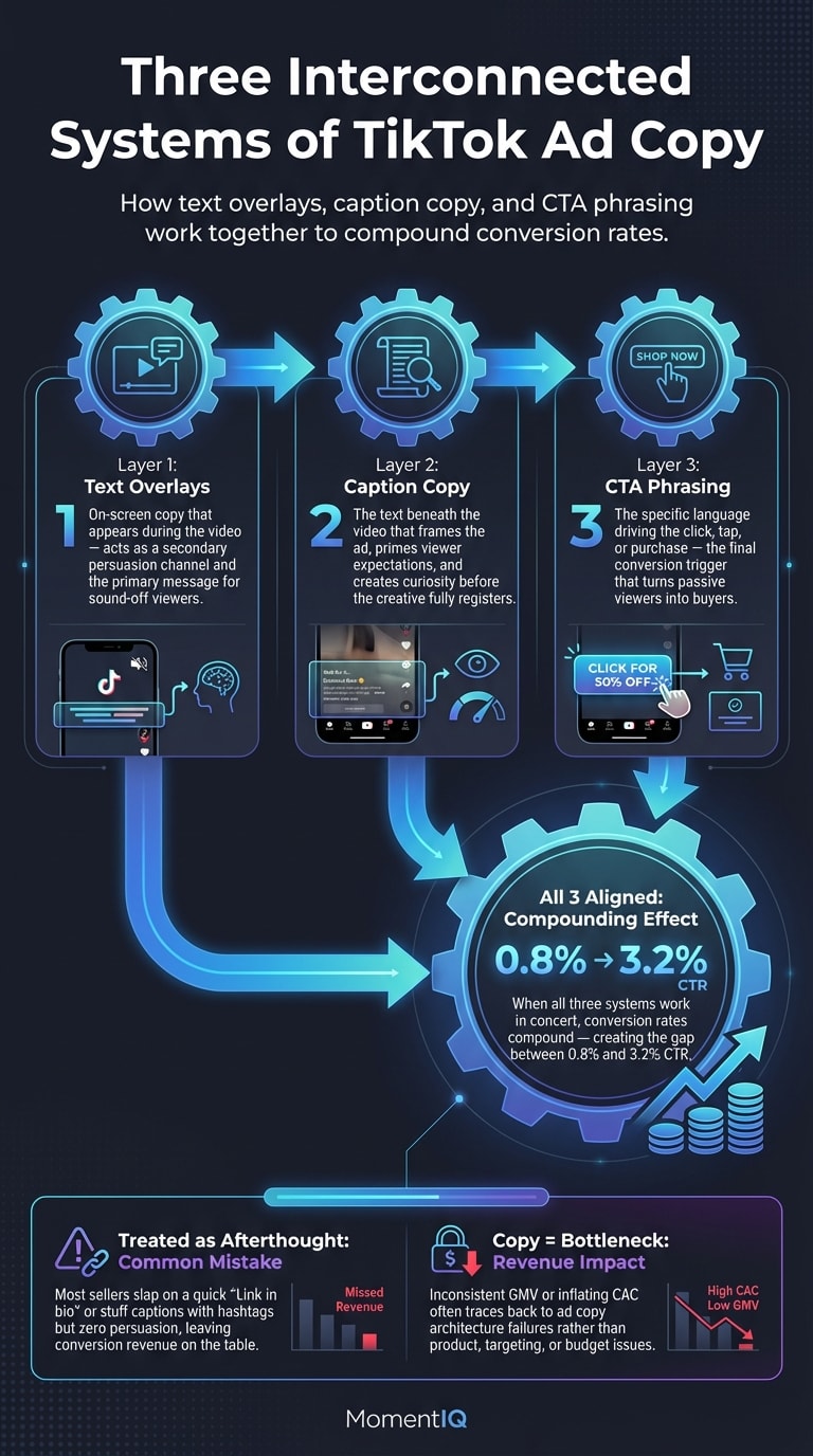 Process flow infographic showing how TikTok Shop ad copy works as three interconnected systems — text overlays, caption copy, and CTA phrasing — that compound conversion rates when aligned