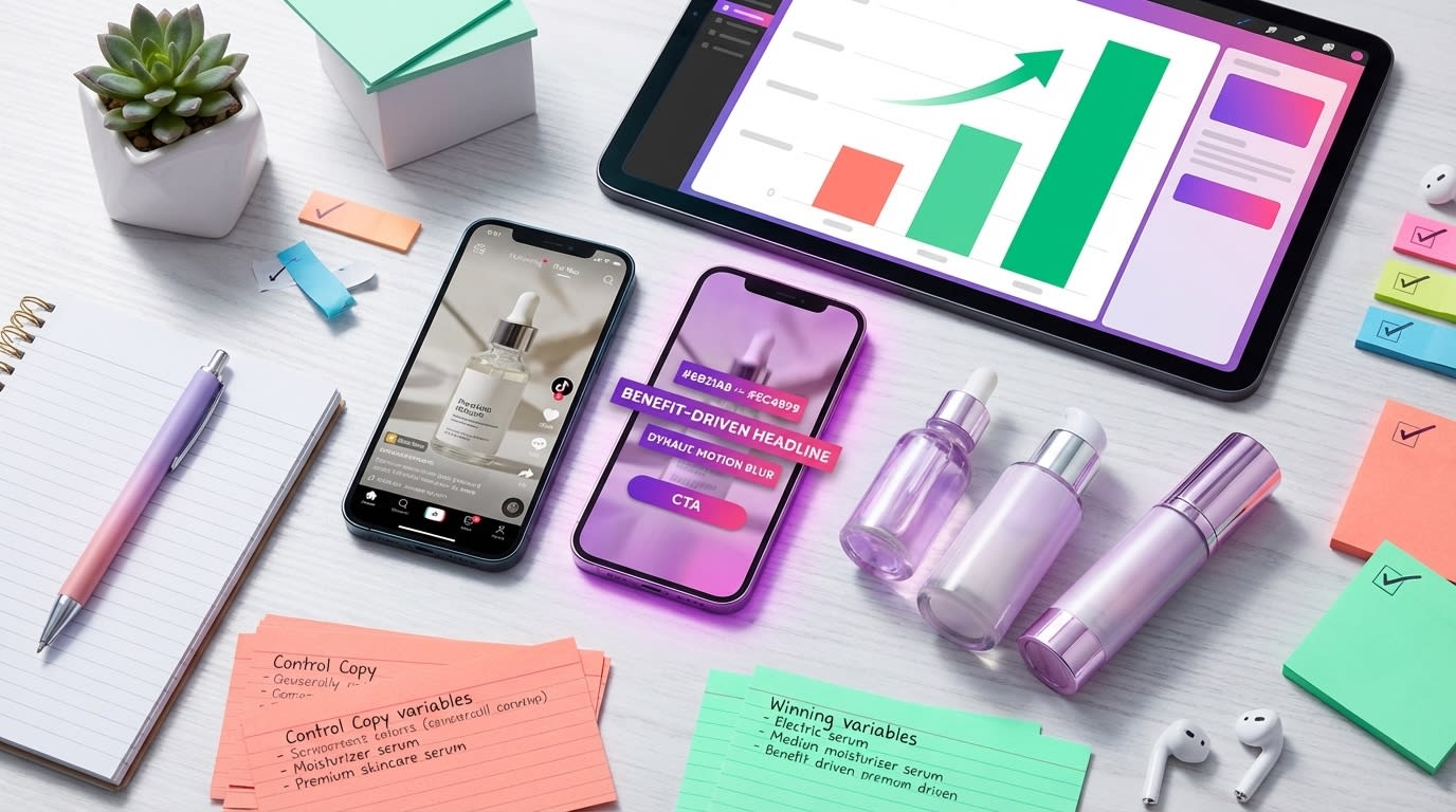 A/B testing setup for TikTok Shop ad text overlays with two phone versions and split-test results on tablet