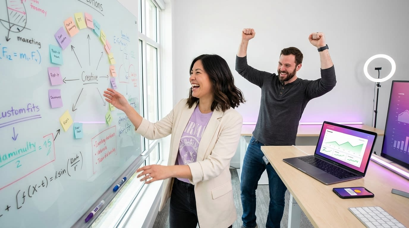 Content strategist writing TikTok Shop caption formulas on whiteboard with colleague celebrating ad performance